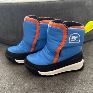 Sorel Kids Blue and Black Snow Boots with Orange Trim